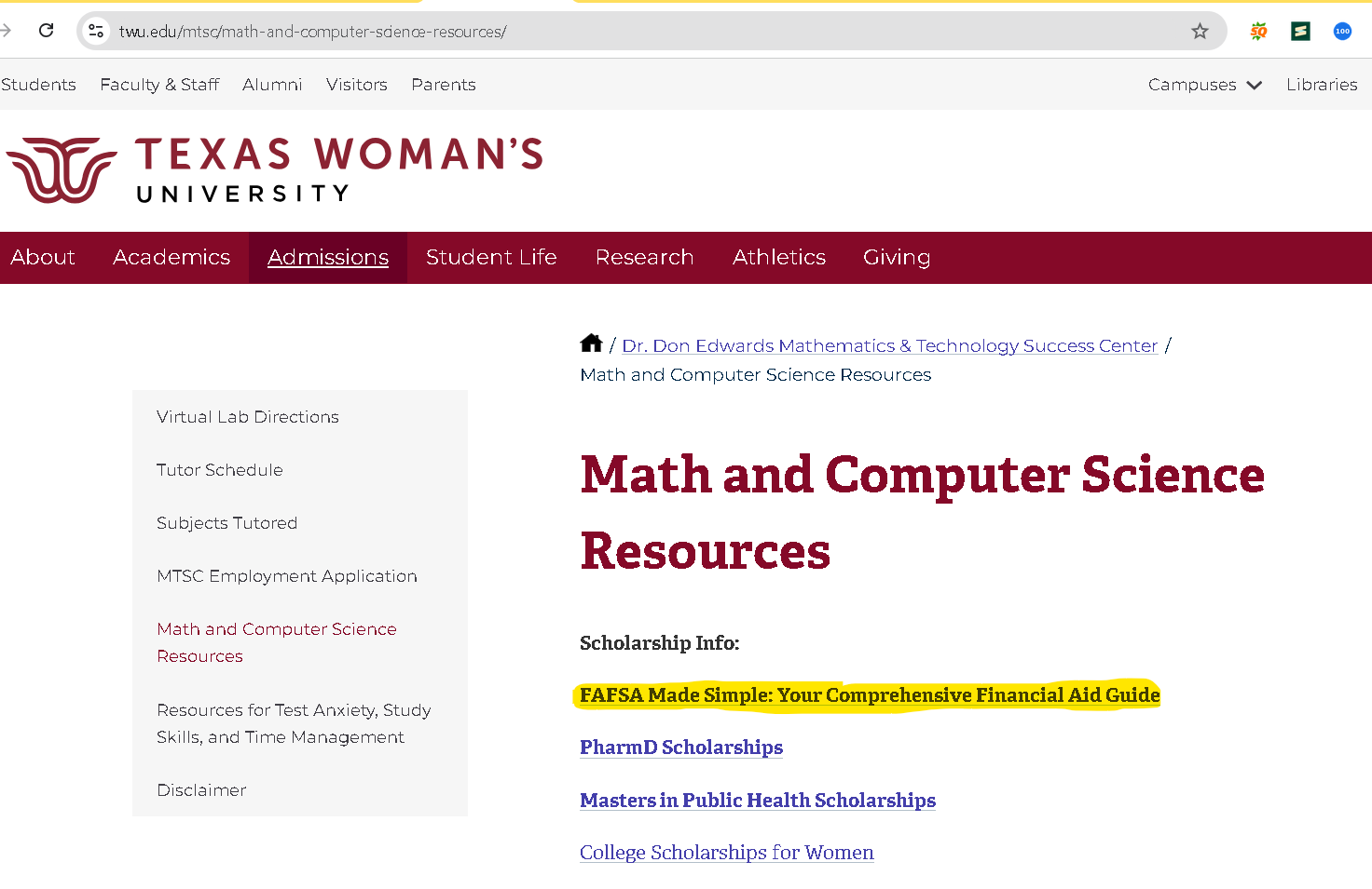 Texas Woman's University resource page with a client link highlighted